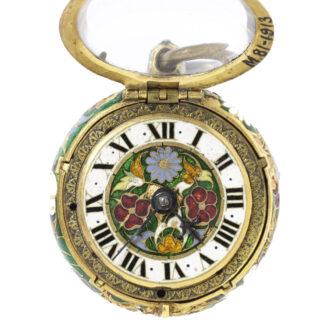 English gold watch with decorative translucent enamel Circa 1645