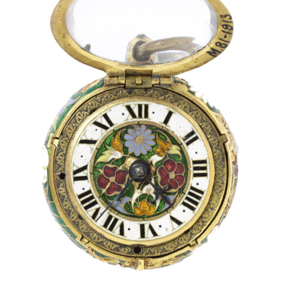 English gold watch with decorative translucent enamel Circa 1645 English gold watch with decorative translucent enamel Circa 1645