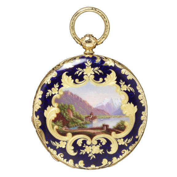 Swiss cylinder watch in a gold and enamel case Circa 1860 Swiss cylinder watch in a gold and enamel case Circa 1860