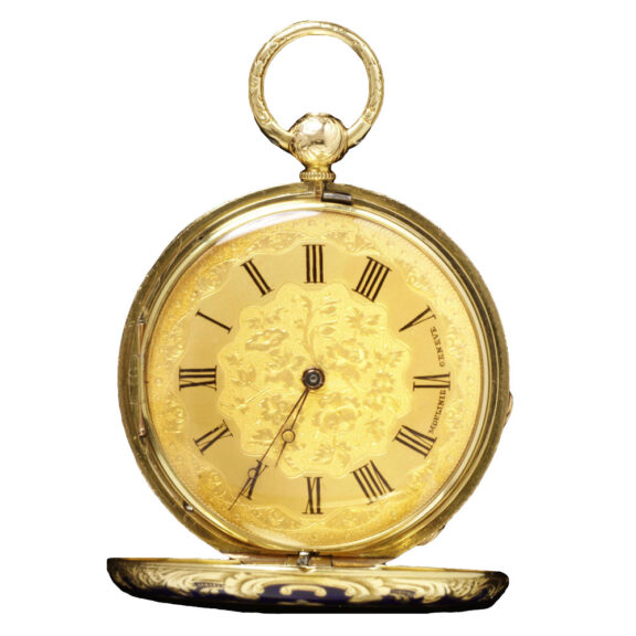 Swiss cylinder watch in a gold and enamel case Circa 1860 Swiss cylinder watch in a gold and enamel case Circa 1860