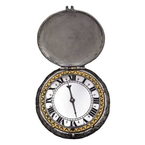 English silver verge watch with a repousse scene Circa 1635 English silver verge watch with a repousse scene Circa 1635