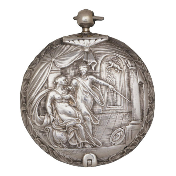 English silver verge watch with a repousse scene Circa 1635 English silver verge watch with a repousse scene Circa 1635
