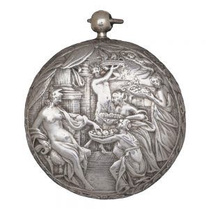 English silver verge watch with a repousse scene Circa 1635