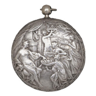 English silver verge watch with a repousse scene Circa 1635