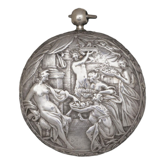 English silver verge watch with a repousse scene Circa 1635