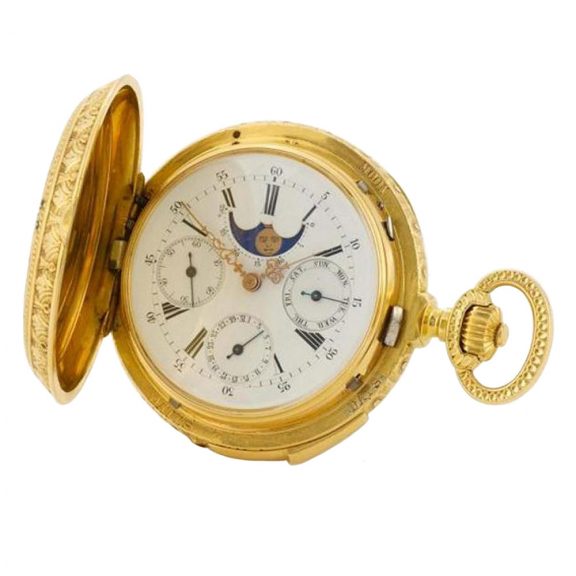 Swiss gold repeating lever with calendar and moon phases Circa 1880 Swiss gold repeating lever with calendar and moon phases Circa 1880