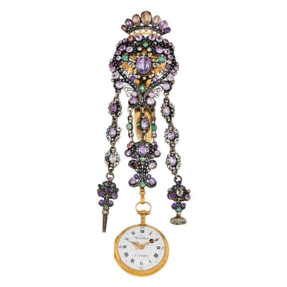 French 18 carat gold key wound verge watch with chatelaine Circa 1780 French 18 carat gold key wound verge watch with chatelaine Circa 1780