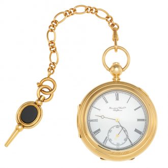 Swiss 18K gold cabriolet pocket watch with chain Circa 1985