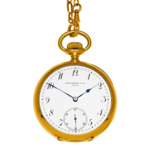 Swiss 18K rose gold open faced lever watch with chain Circa 1895