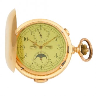Swiss gold hunting cased complicated lever watch Circa 1900 Swiss gold hunting cased complicated lever watch Circa 1900