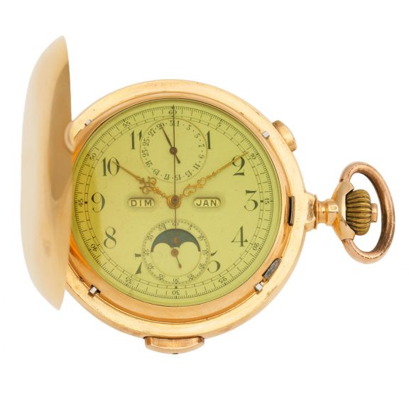 Swiss gold hunting cased complicated lever watch Circa 1900 Swiss gold hunting cased complicated lever watch Circa 1900