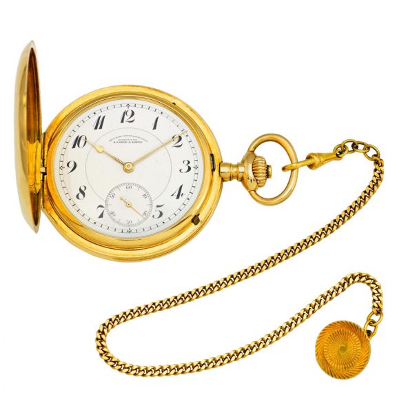 German 18K gold hunting cased lever with chain Circa 1920 German 18K gold hunting cased lever with chain Circa 1920
