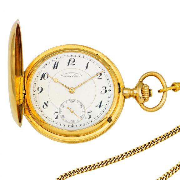 German 18K gold hunting cased lever with chain Circa 1920 German 18K gold hunting cased lever with chain Circa 1920