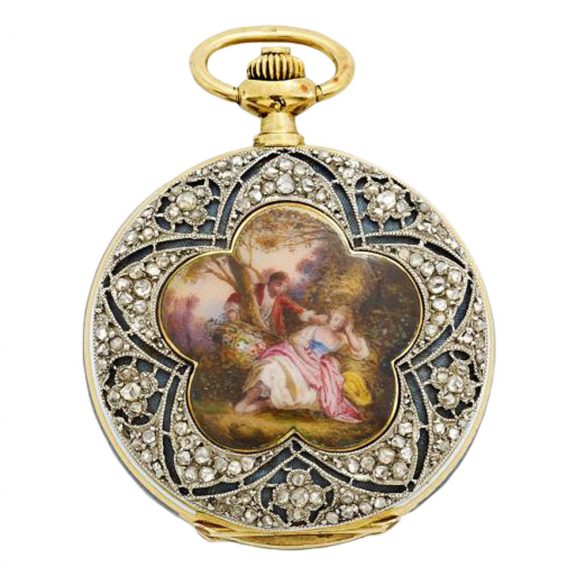 Swiss 18K gold, enamel and diamond set ladies' watch Circa 1860