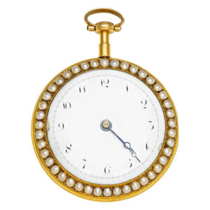 English 18K gold, enamel and pearl set open faced verge Circa 1880