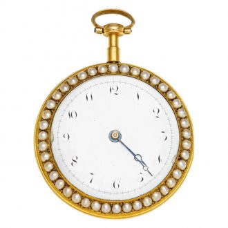 English 18K gold, enamel and pearl set open faced verge Circa 1880