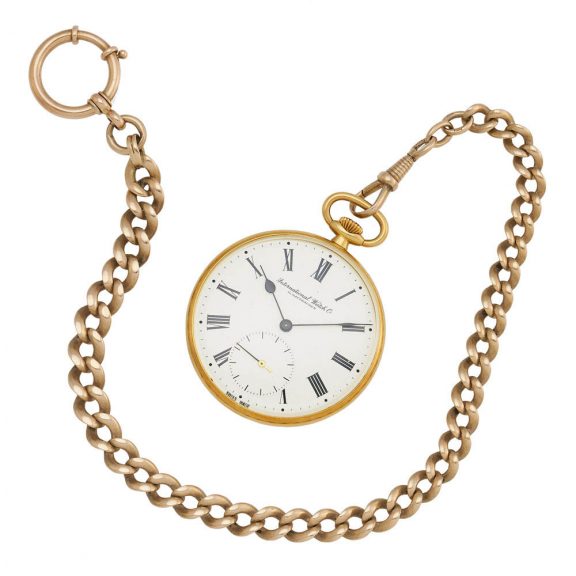 Swiss 18 carat gold open faced lever watch with chain Circa 1915 Swiss 18 carat gold open faced lever watch with chain Circa 1915