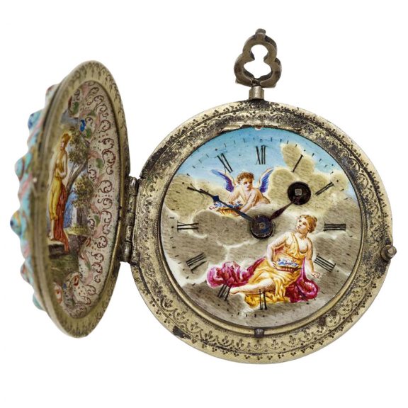 Swiss enamelled gilt silver hunting cased verge Circa 1800