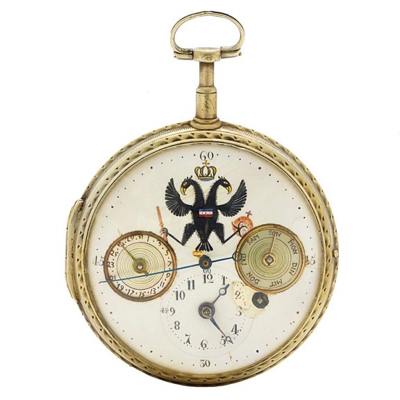 Large French silver open faced verge watch with calendar Circa 1880