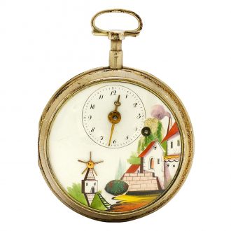 French silver verge with polychrome enamel dial Circa 1800