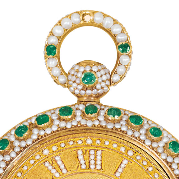 Swiss gold, pearl and emerald-set pocket watch Circa 1830 Swiss gold, pearl and emerald-set pocket watch Circa 1830