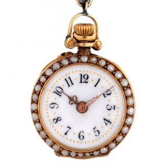 Swiss 18K gold, pearl and diamond lady's pendant watch Circa 1900