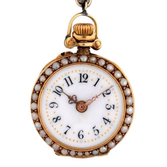 Swiss 18K gold, pearl and diamond lady's pendant watch Circa 1900