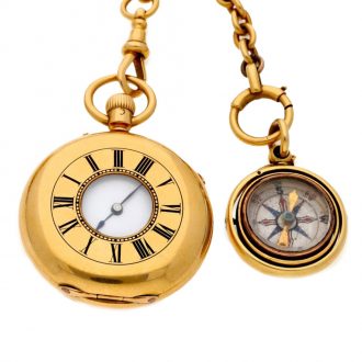 English gold repeating lady's watch with chain and compass Circa 1867