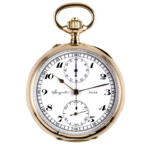 Swiss 18K gold open faced pocket watch with chronograph Circa 1900