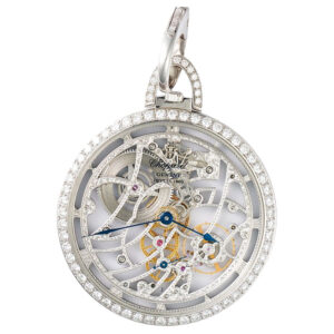 Swiss platinum skeleton pendant watch with diamonds Circa 1994