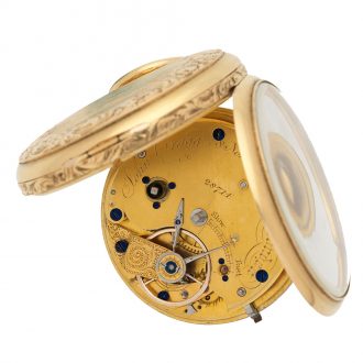 English 18 carat gold open faced engraved lever watch Circa 1850