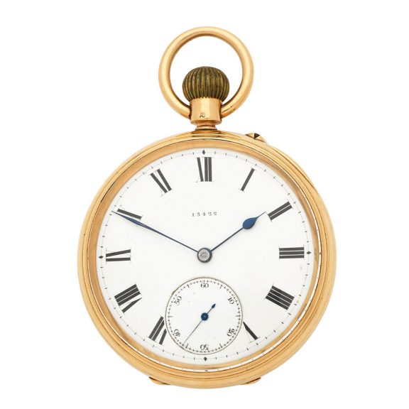 English 18K gold open faced keyless pocket watch Circa 1892