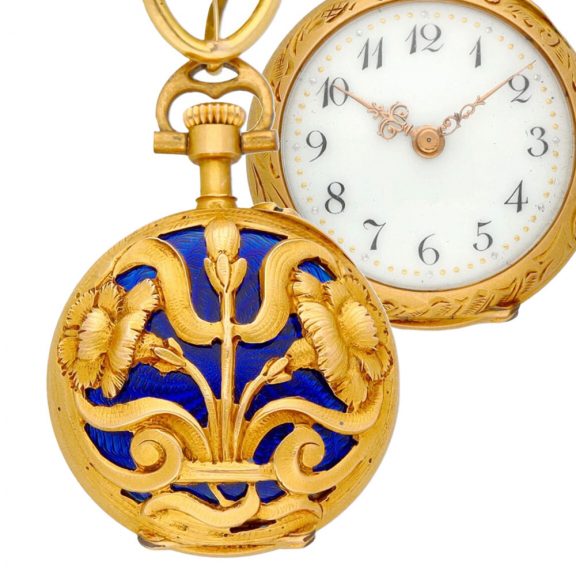 Swiss gold and enamel lady's lapel watch with pin Circa 1920 Swiss gold and enamel lady's lapel watch with pin Circa 1920