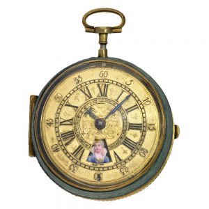 Gilt pocket watch with enamel portrait and automaton Circa 1690