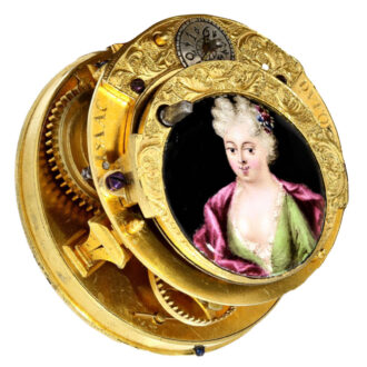 Gilt pocket watch with enamel portrait and automaton Circa 1690