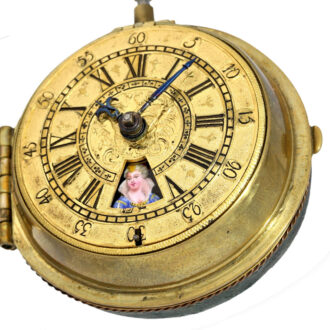Gilt pocket watch with enamel portrait and automaton Circa 1690