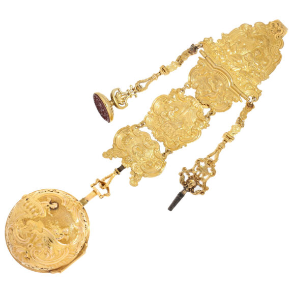 20 Carat gold repoussé verge pocket watch repeater Circa 1700 20 Carat gold repoussé verge pocket watch repeater Circa 1700