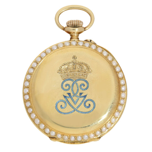 Gold enamel ladies watch with half pearls Circa 1900 Gold enamel ladies watch with half pearls Circa 1900
