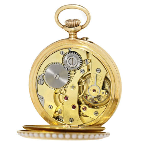 Gold enamel ladies watch with half pearls Circa 1900 Gold enamel ladies watch with half pearls Circa 1900