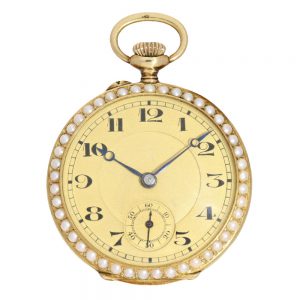 Gold enamel ladies watch with half pearls Circa 1900