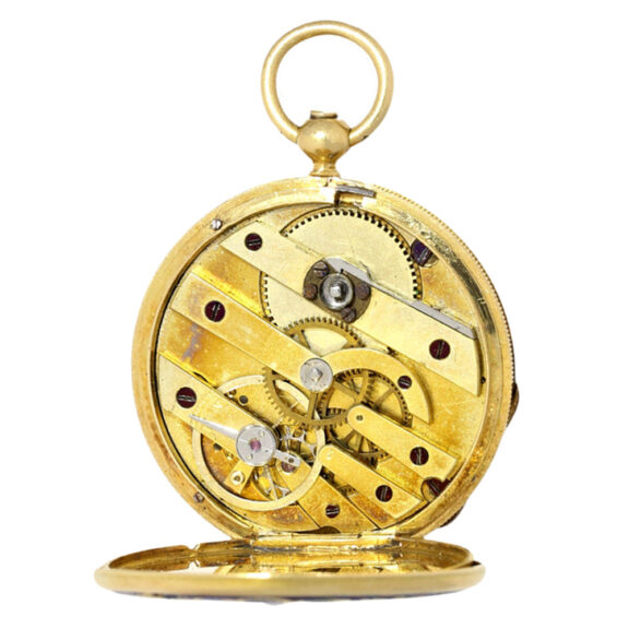 Gold and enamel miniature watch with pearls Circa 1850 Gold and enamel miniature watch with pearls Circa 1850
