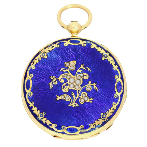 Gold and enamel miniature watch with pearls Circa 1850 Gold and enamel miniature watch with pearls Circa 1850