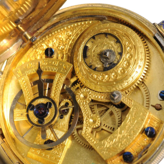 English half pearl set silver-gilt pocket watch Circa 1860 English half pearl set silver-gilt pocket watch Circa 1860