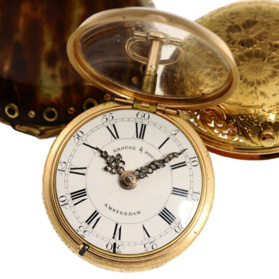 A Dutch gold quarter repeating verge pocket watch Circa 1760 A Dutch gold quarter repeating verge pocket watch Circa 1760