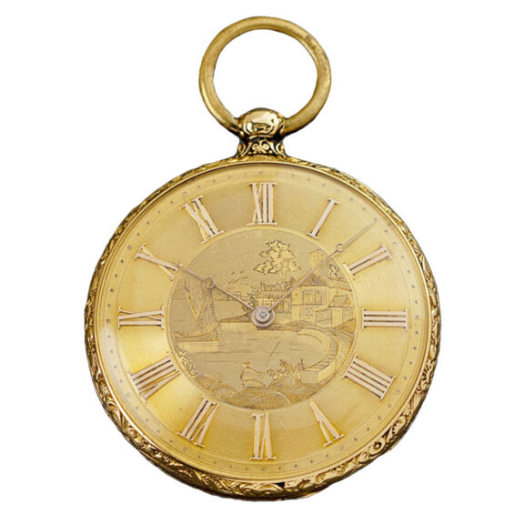 A Swiss gold engraved dial "Fisher at a mountain lake" Circa 1830