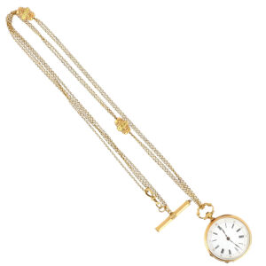 Swiss gold and black enamel pocket watch with chain Circa 1890
