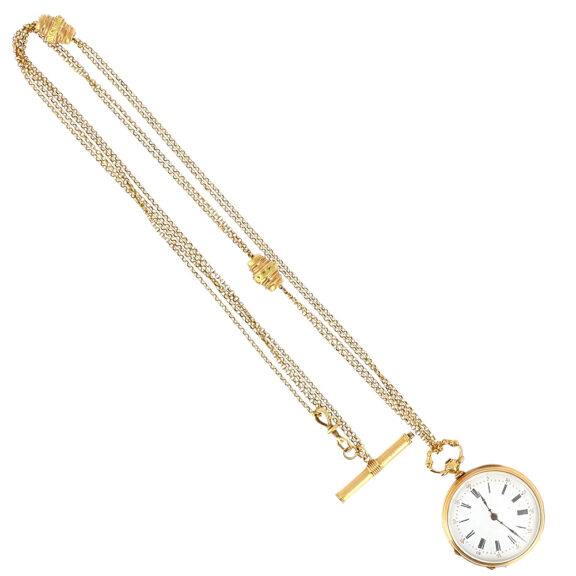 Swiss gold and black enamel pocket watch with chain Circa 1890
