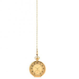 Swiss flat 18K gold pocket watch with vest chain Circa 1925