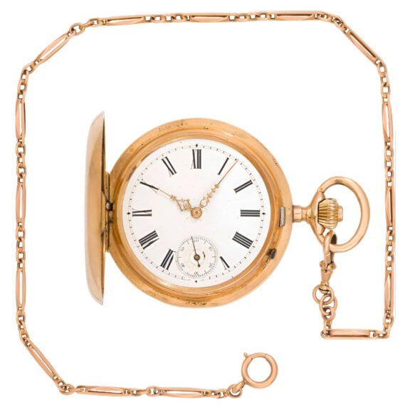 Swiss 14K gold full hunter pocket watch with chain Circa 1850 Swiss 14K gold full hunter pocket watch with chain Circa 1850