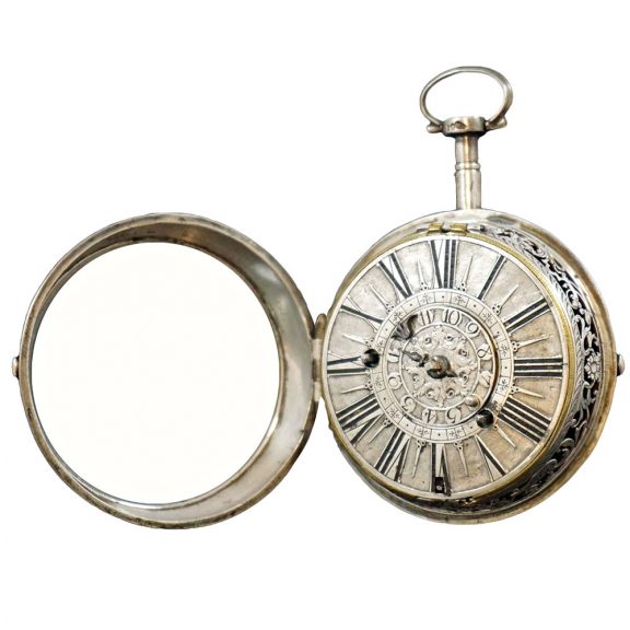 English silver manual winding clock watch with alarm Circa 1695 English silver manual winding clock watch with alarm Circa 1695